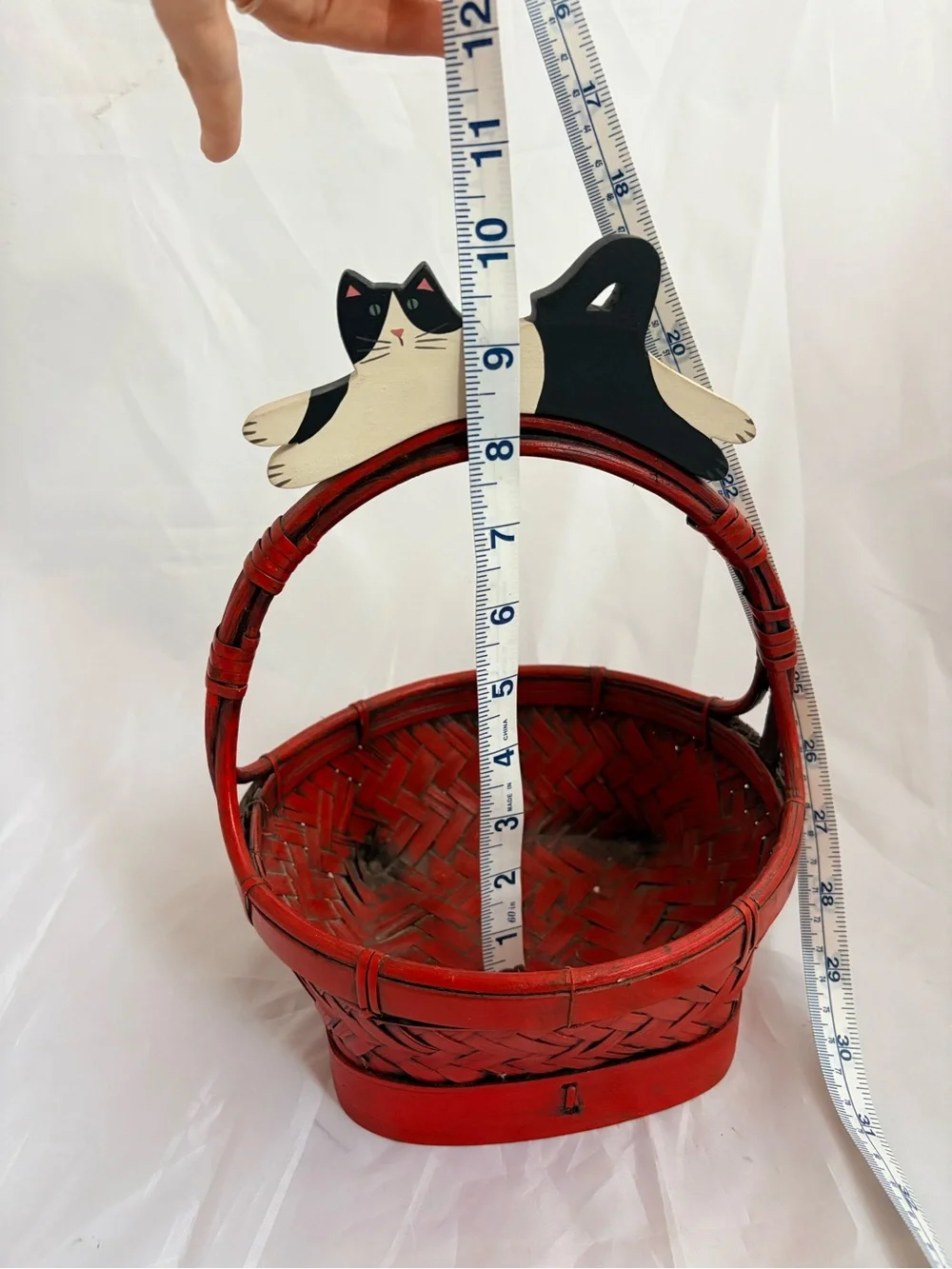 Red Woven Basket with Cat Handle - Home Accents